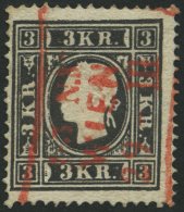 STERREICH 11II O, 1859, 3 Kr. Schwarz, Type II, Roter R3 WIEN, Pracht, Mi. 230.- - Oblitérés