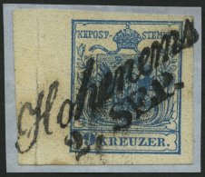 STERREICH 5Y BrfStk, 1854, 9 Kr. Blau, Maschinenpapier, Linkes Randstück (Bugspur Im Rand), L2 HOHENEMS, Prachtbrie - Autres & Non Classés