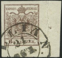 STERREICH 4Y O, 1854, 6 Kr. Braun, Maschinenpapier, Eckrandstück 11:6 Mm Und Nadelpunkt, K2 (SI)LLIAN, Oben Rechts - Oblitérés