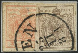 STERREICH 3,4Y BrfStk, 1854, 3 Kr. Rot, Maschinenpapier, Type IIIb Und 6 Kr. Braun, Type III, Maschinenpapier, Hohldruck - Gebruikt