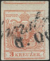 STERREICH 3Xc O, 1850, 3 Kr. Rosa, Handpapier, Type IIIa, Mit Teil Der Oberen Marke Und Plattenfehler Im Rechten Rahmen, - Usati