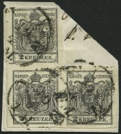 STERREICH 2Ya BrfStk, 1854, 2 Kr. Schwarz, Maschinenpapier, Im Breitrandigen Dreierblock, Stempel WIEN, Oberer Marke Waa - Autres & Non Classés