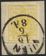 STERREICH 1Ya BrfStk, 1854, 1 Kr. Gelb, Maschinenpapier, Breitrandiges Kabinettstück Auf Briefstück, Marke Zur - Usados