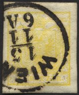 STERREICH 1Ya O, 1854, 1 Kr. Gelb, Maschinenpapier, Breitrandig, Kabinett, Mi. 120.- - Gebruikt