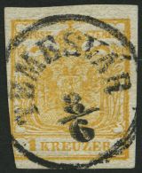 STERREICH 1Xb O, 1850, 1 Kr. Orange, Handpapier, Type I, Zentrischer K1 TEMESVAR, Links Unten Angeschnitten Sonst Pracht - Gebruikt