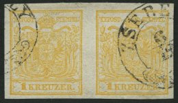 STERREICH 1Xb Paar O, 1850, 1 Kr. Gelbocker, Handpapier, Im Waagerechten Paar, Ungarischer Stempel ZSEBELY, Pracht - Oblitérés