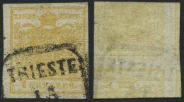 STERREICH 1XaDG O, 1850, 1 Kr. Gelbocker, Handpapier, Type Ib, Doppelseitiger Druck, Stempel TRIESTE, Pracht, Fotobefund - Oblitérés