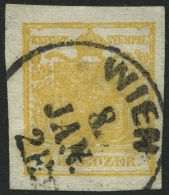 STERREICH 1XaDG O, 1850, 1 Kr. Ockergelb, Handpapier, Type Ib, Doppelseitiger Druck, K1 WIEN, Breitrandiges Kabinettst&u - Other & Unclassified