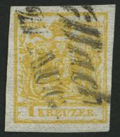 STERREICH 1Xa O, 1850, 1 Kr. Ockergelb, Handpapier, Type Ib, L2 VILLACH, Pracht, Fotobefund Dr. Ferchenbauer - Oblitérés