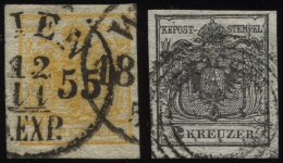 STERREICH 1,2X O, 1850, 1 Kr. Gelb Und 2 Kr. Schwarz, Handpapier, 2 Prachtwerte, Mi. 220.- - Usados