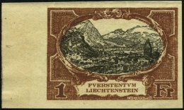 LIECHTENSTEIN 60P1 (*), 1921, 1 Fr., Ungezähnte Farbprobe In Braun, Pracht, Fotoattest Marxer (Kopie Eines Ehemalig - Altri & Non Classificati