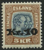 ISLAND 141 *, 1930, 10 Kr. Auf 5 Kr. Doppelportrait, Falzrest, Pracht, Signiert Zumstein - Autres & Non Classés