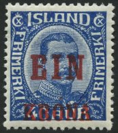 ISLAND 121 *, 1926, 1 Kr. Auf 40 A. Blau, Falzreste, Pracht, Facit 1300.- Skr. - Autres & Non Classés