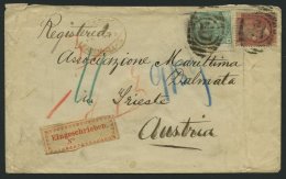 GROSSBRITANNIEN 16,46 BRIEF, 1866, 1 P. Rosa Und 1 Sh. Grün Auf Brief Von England Nach Triest, Mit Rotem Ovalen Ste - Used Stamps