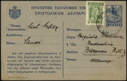 GRIECHENLAND 193 BRIEF, 1921, Ganzsachen Feld-Postkarte 5 L. Blau Von Samos Nach Deutschland Mit Zusatzfrankatur 5 L. Gr - Otros & Sin Clasificación