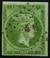 GRIECHENLAND 11IIb O, 1861, 5 L. Grasgrün Auf Grünlich, Feiner Druck, Nummernstempel 46, Pracht, Gepr. Bü - Autres & Non Classés