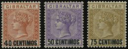 GIBRALTAR 19-21 *, 1889, 40 C. Auf 4 P. - 75 C. Auf 1 Sh., Falzreste, 3 Prachtwerte, Mi. 200.- - Gibraltar
