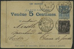 FRANKREICH 72 BRIEF, 1889, 10 C. Schwarz Auf Lila Als Zusatzfrankatur Auf 15 C. Kartenbrief Mit Vollständiger Werte - Altri & Non Classificati