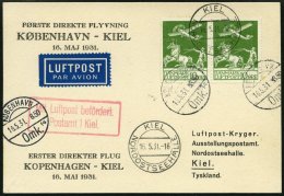 ERSTFLÜGE 16.5.1931, Erster Direktflug Kopenhagen-Kiel, Frankiert Mit Waagerechtem Paar Nr. 143, Seltener Ankunftss - Altri & Non Classificati