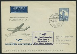 DEUTSCHE LUFTHANSA 34 BRIEF, 8.6.1955, Hamburg-Düsseldorf-New York, Brief Ab Dänemark Mit Mi.Nr. 348, Pracht - Usati