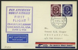 ERST-UND ERÖFFNUNGSFLÜGE 2480 BRIEF, 3.6.54, Frankfurt-Chicago, 15 Fg. Posthorn Ganzsachenkarte Mit Zusatzfank - Storia Postale