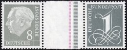 ZUSAMMENDRUCKE WZ 15aIVYII **, 1960, Heuss Wz. Liegend 8 + Z + 1, Schmale Strichelleiste In Rotlila Und Eine Normalbreit - Used Stamps