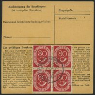 BUNDESREPUBLIK 137 VB BRIEF, 1954, 80 Pf. Posthorn Im Viererblock Rückseitig Mit 50 Pf. Zusatzfrankatur Auf Paketka - Used Stamps