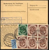 BUNDESREPUBLIK 135 VB BRIEF, 1954, 60 Pf. Posthorn Im Viererblock Mit Zusatzfrankatur Rückseitig Auf Paketkarte Aus - Usati