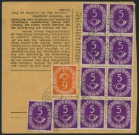 BUNDESREPUBLIK 125 BRIEF, 1954, 5 Pf. Posthorn Im Achterblock Rückseitig Mit 20 Pf. Zusatzfrankatur Auf Paketkarte - Used Stamps