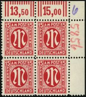 AMERIK. U. BRITISCHE ZONE 24Cr4H VB **, 1945, 15 Pf. Karminrot, Gezähnt L 111/2:11, Im Eckrandviererblock, Plattenn - Altri & Non Classificati