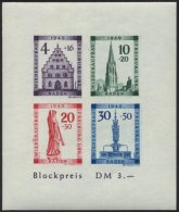 BADEN Bl. 1BV **, 1949, Block Freiburg, Ungezähnt, Mit Abart 20 Pf. Mit Balken über Zweitem E In Wiederaufbau, - Autres & Non Classés