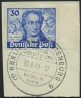 BERLIN 63I BrfStk, 1949, 30 Pf. Goethe Mit Abart Farbpunkt Links Neben J Von J.W. V. Goethe, Mit Sonderstempel, Pracht, - Usati