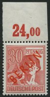 BERLIN 28POR **, 1949, 30 Pf. Rotaufdruck, Plattendruck, Oberrandstück, Nicht Duchgezähnt, Pracht, Gepr. D. Sc - Usati