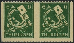 THÜRINGEN 95AXatUs Paar *, 1945, 6 Pf. Dunkelgrün, Vollgummierung, Gelblichgraues Papier, Im Waagerechten Paar - Other & Unclassified