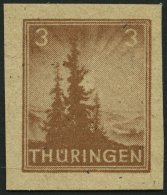 THÜRINGEN 92AYz2U **, 1946, 3 Pf. Orangebraun, Spargummierung, Dickes Papier, Fallende Papierstreifung, Ungezä - Altri & Non Classificati