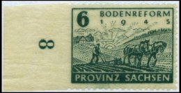 PROVINZ SACHSEN 90Ul **, 1946, 6 Pf. Bodenreform Auf Zigarettenpapier, Links Ungezähnt Mit Bogenrand, Pracht, R!, M - Other & Unclassified