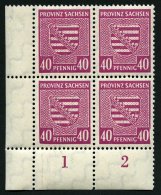 PROVINZ SACHSEN 84Xa VB **, 1945, 40 Pf. Dunkellilarosa, Wz. 1X, Im Unteren Linken Eckrandviererblock, Dabei Plattenfehl - Autres & Non Classés