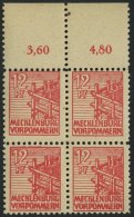 MECKLENBURG-VORPOMMERN 36zb VB **, 1946, 12 Pf. Rot, Dünnes Papier, Im Viererblock Vom Oberrand, Pracht, Gepr. Kram - Other & Unclassified