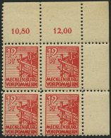 MECKLENBURG-VORPOMMERN 36zb VB **, 1946, 12 Pf. Rot, Dünnes Papier, Im Oberen Rechten Eckrandviererblock, Pracht, G - Other & Unclassified