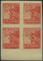 MECKLENBURG-VORPOMMERN 36yeU VB **, 1946, 12 Pf. Orangerot, Graues Papier, Ungezähnt, Im Viererblock Vom Unterrand, - Other & Unclassified