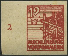 MECKLENBURG-VORPOMMERN 36ydU **, 1946, 12 Pf. Braunrot, Graues Papier, Ungezähnt, Linkes Randstück, Pracht, Ge - Other & Unclassified