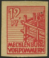 MECKLENBURG-VORPOMMERN 36ybGU **, 1946, 12 Pf. Rot, Graues Papier, Druck Auf Gummiseite, Ungezähnt, Pracht, Mi. 150 - Other & Unclassified