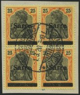 SAARGEBIET 9bI VB O, 1920, 25 Pf. Gelborange/schwarz Auf Gelbweiß, Type I, Im Viererblock Mit Zentrischem Stempel, - Other & Unclassified