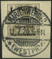 MARIENWERDER 22AIH BrfStk, 1920, 1 M. Auf 2 Pf. Mittelbraunoliv, Type AIH, Prachtbriefstück, Gepr. Dr. Klein, Mi. ( - Altri & Non Classificati
