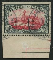 MARSHALL-INSELN 25 O, 1901, 5 M. Grünschwarz/dunkelkarmin, Ohne Wz., Unterrandstück, Pracht, Signiert, Mi. 600 - Isole Marshall