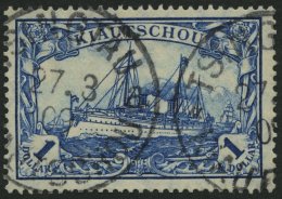 KIAUTSCHOU 35IA PFI O, 1906, 1 $ Schwärzlichblau, Mit Wz., Friedensdruck, Mit Plattenfehler Wertziffer 1 Kreuzweise - Kiauchau