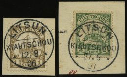 KIAUTSCHOU 18/9 BrfStk, 1914, 1 C. Und 2 C. Kaiseryacht, Ohne Wz., Stempel LITSUN, 2 Prachtbriefstücke - Kiauchau