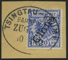 KIAUTSCHOU M 4II BrfStk, 1902, 20 Pf. Steiler Aufdruck Mit Bahnpoststempel TSINGTAU-KAUMI ZUG 2, Kabinettbriefstück - Kiautchou