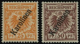 KAROLINEN 5a,6II *, 1900, 25 Und 50 Pf. Steiler Aufdruck, Falzreste, 2 Prachtwerte, Mi. 120.- - Isole Caroline