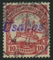 DSWA 13 O, USAKOS, Violetter Wd-Stempel Auf 10 Pf. Dunkelkarminrot, Ein Unbedeutender Heller Zahn, Pracht, R!, Fotoattes - Sud-Ouest Africain Allemand